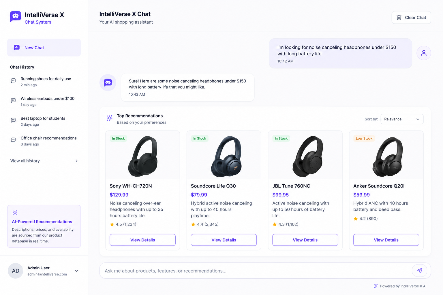 IntelliVerse X — AI product recommendation chat system