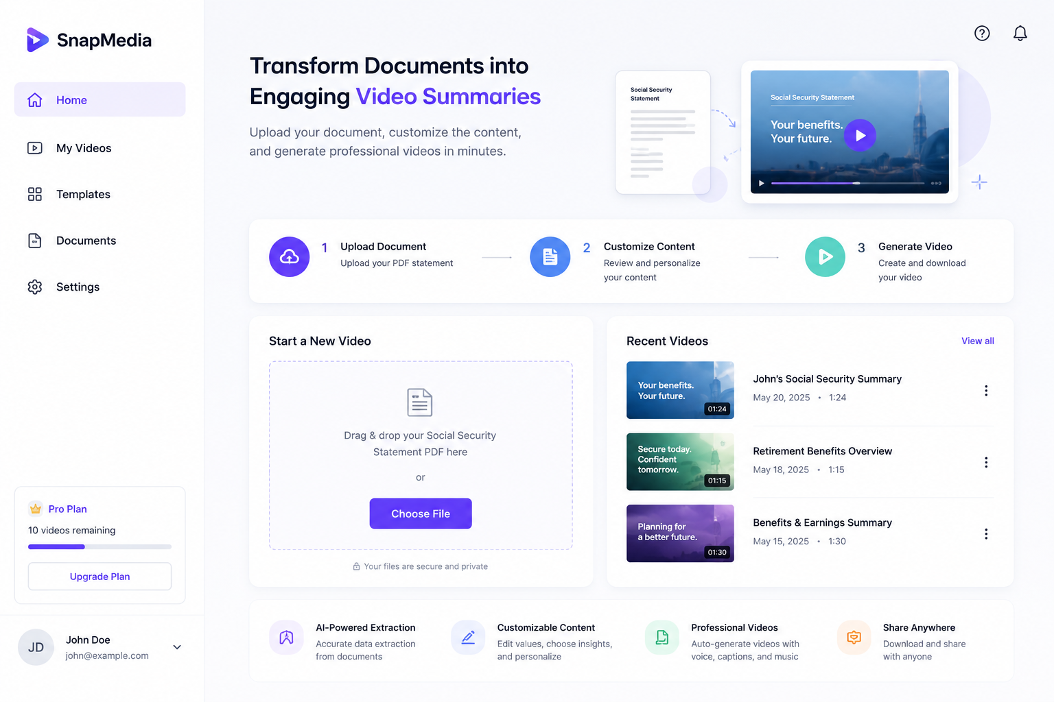SnapMedia — document-to-video platform dashboard